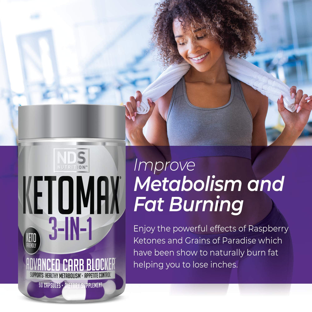 Close-up of 90-ct Keto-Max NDS bottle emphasizing 3-in-1 formula.