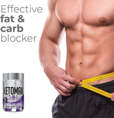 Keto-Max NDS chitosan capsules binding fat in the stomach concept.