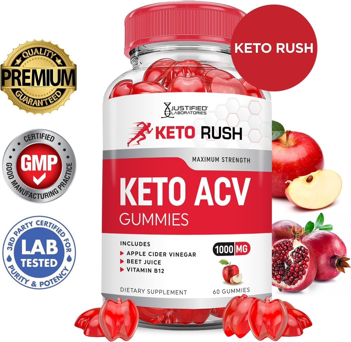 Bottle of Keto Rush Keto ACV Gummies with gummies visible