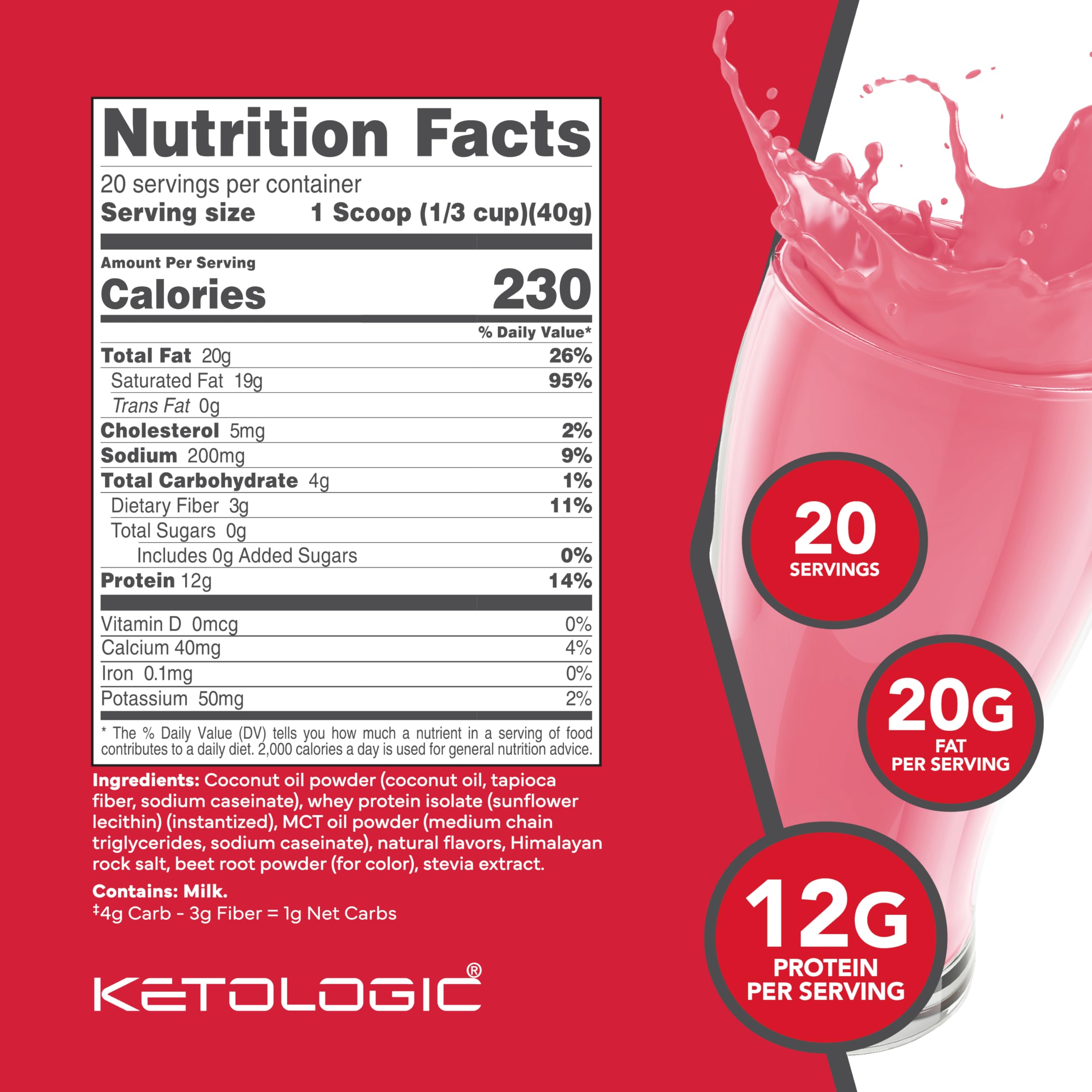 KetoLogic Strawberry Meal Replacement Shake powder and scoop