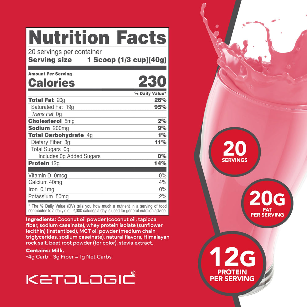 KetoLogic Strawberry Meal Replacement Shake powder and scoop