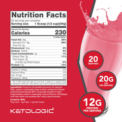 KetoLogic Strawberry Meal Replacement Shake powder and scoop