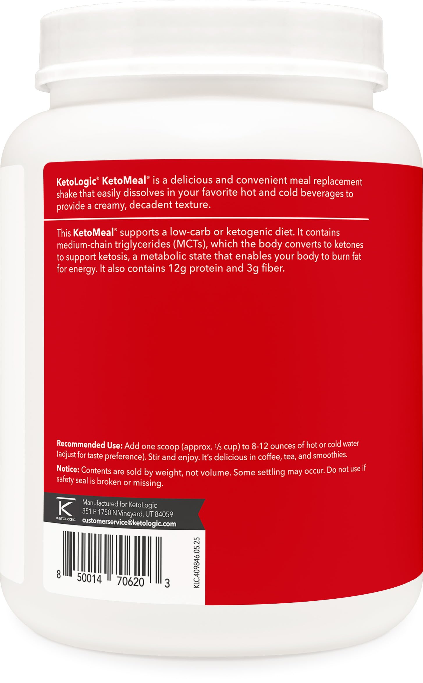 MCT oil and grass-fed whey ingredients label on KetoLogic shake