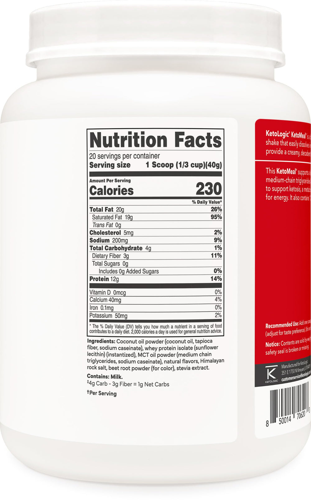 KetoLogic nutritional facts and NSF certification icons