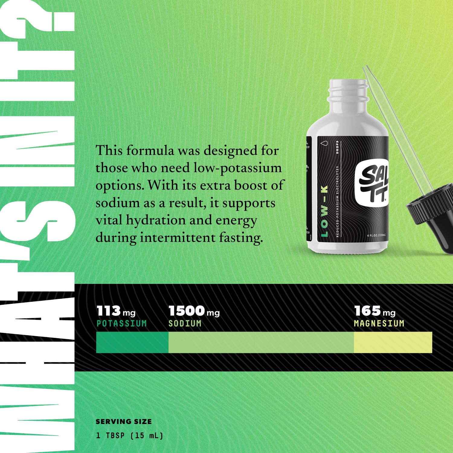 Keto Chow SALTT Low-K label detail, shows sodium, potassium, magnesium per serving