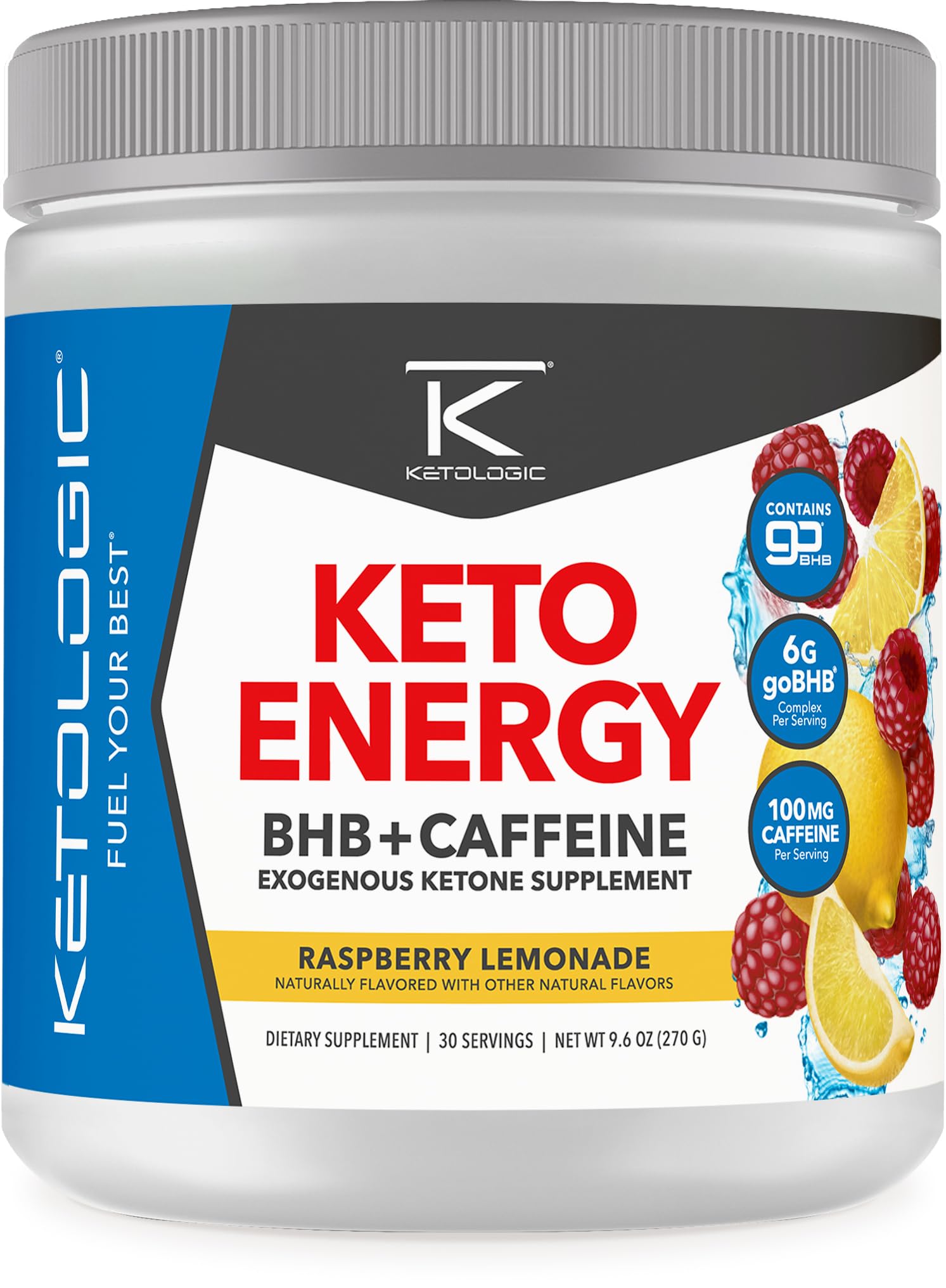 KetoEnergy BHB Raspberry Lemonade bottle with scoop