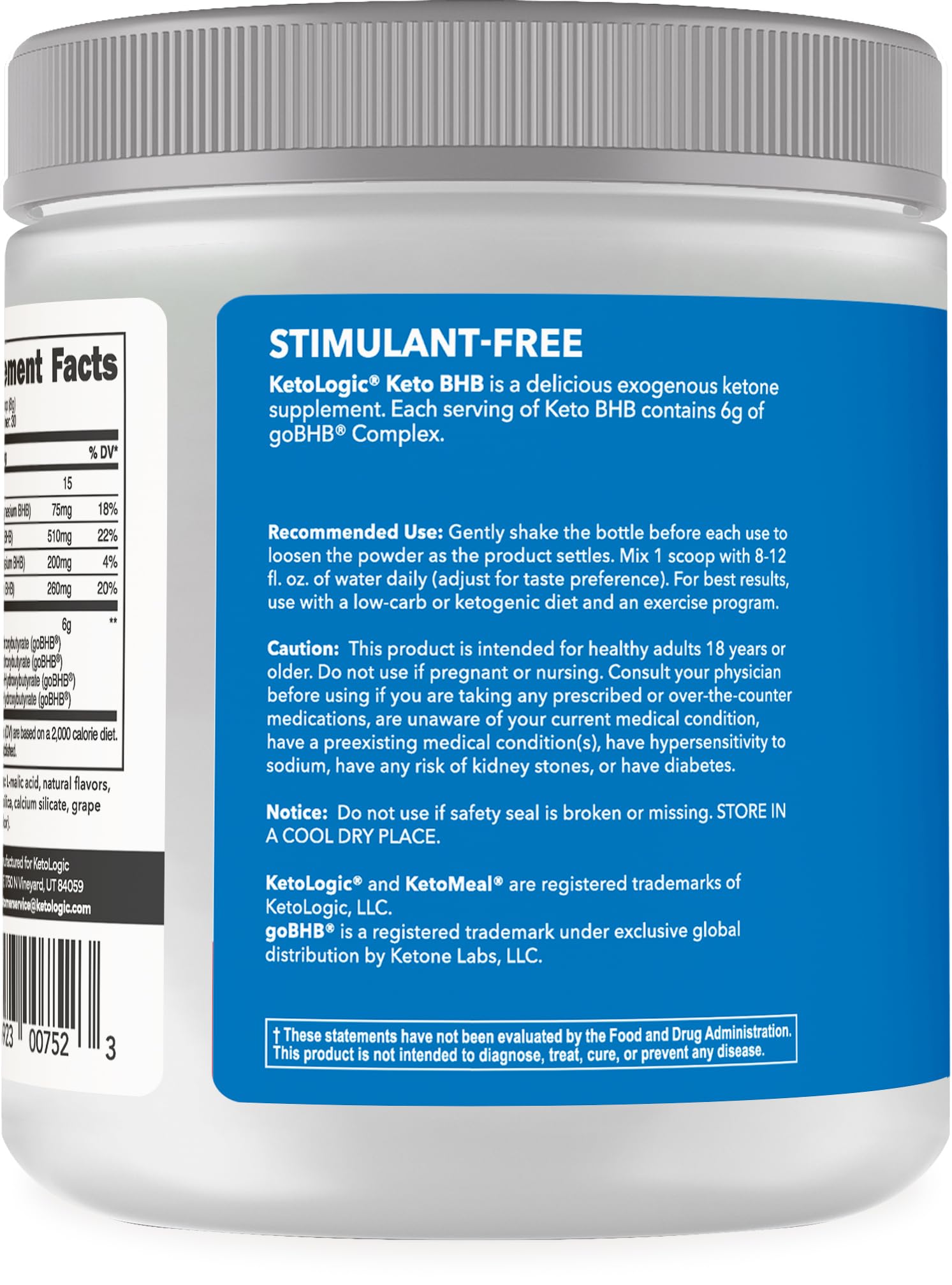 Bottle and label of Ketologic BHB Exogenous Ketone Supplement with goBHB