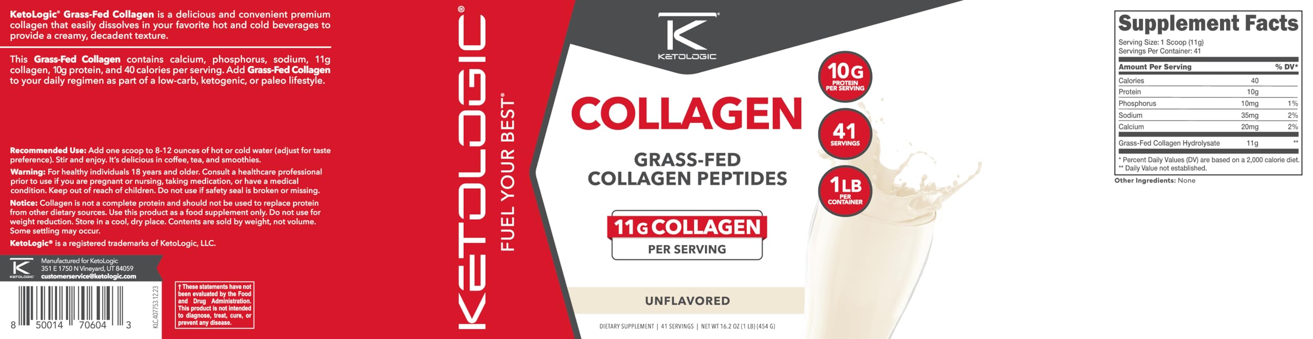 Ketologic Grass-Fed Collagen Unflavored product packaging label