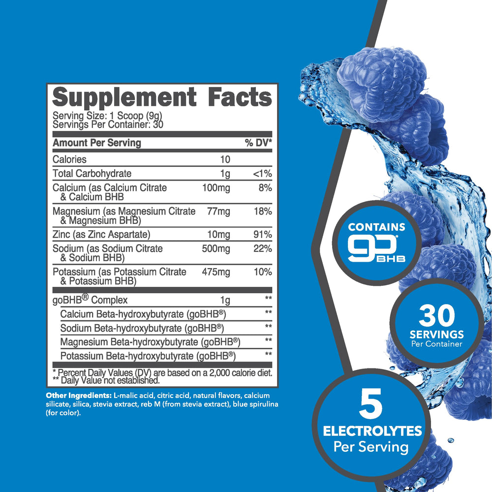 Ketologic Keto Electrolyte Blue Raspberry pour illustrates on-the-go hydration during workouts.