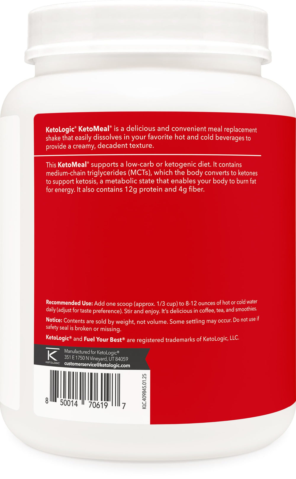 KetoLogic KetoMeal Chocolate ingredients label