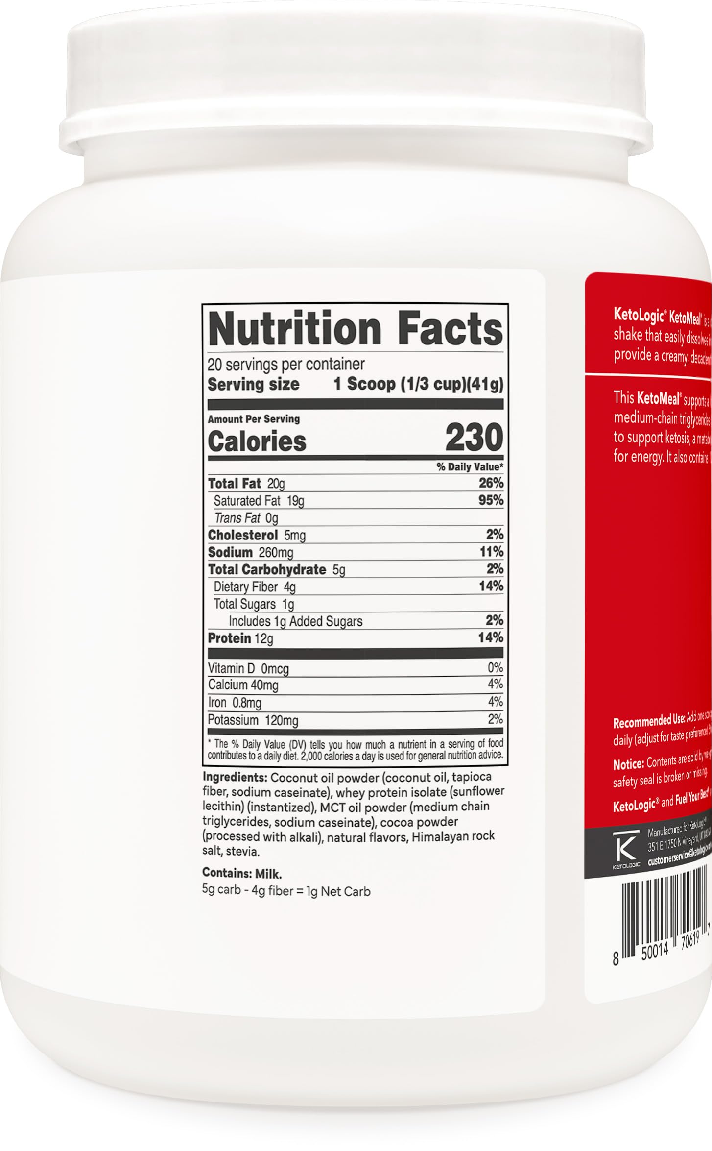 KetoLogic KetoMeal Chocolate nutrition facts panel