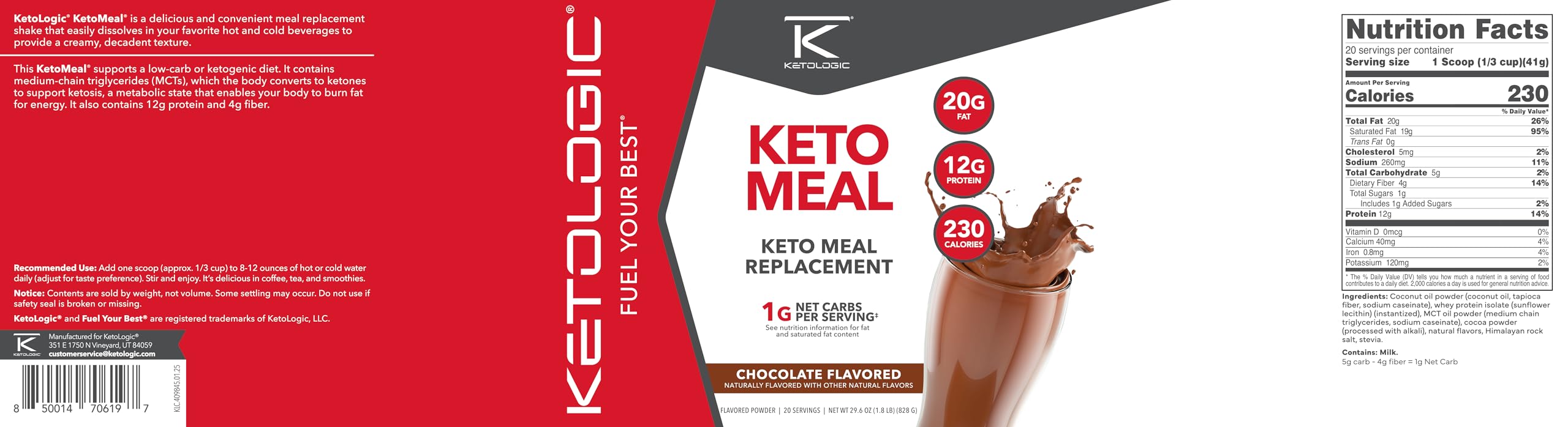 Prepared KetoMeal Chocolate shake with glass and scoop