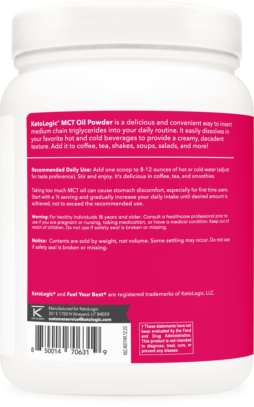 Ketologic MCT Oil Powder Hazelnut Cream 1 lb bottle