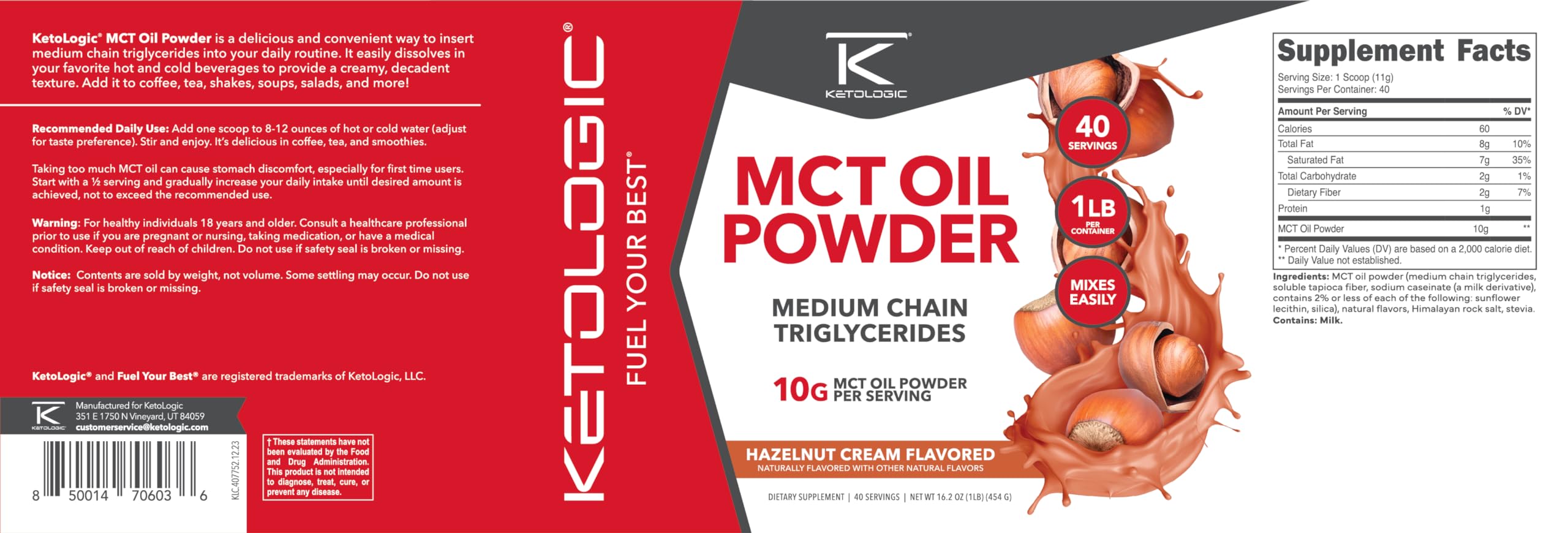 Ingredients list for Ketologic MCT Oil Powder Hazelnut Cream