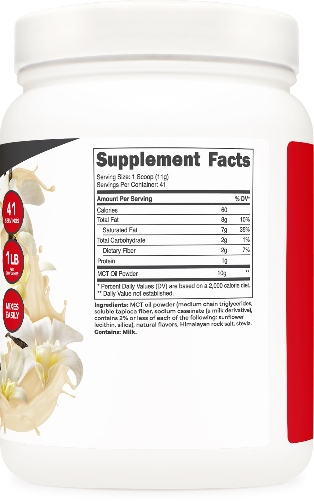 Nutrition facts for Ketologic MCT Oil Powder Hazelnut Cream