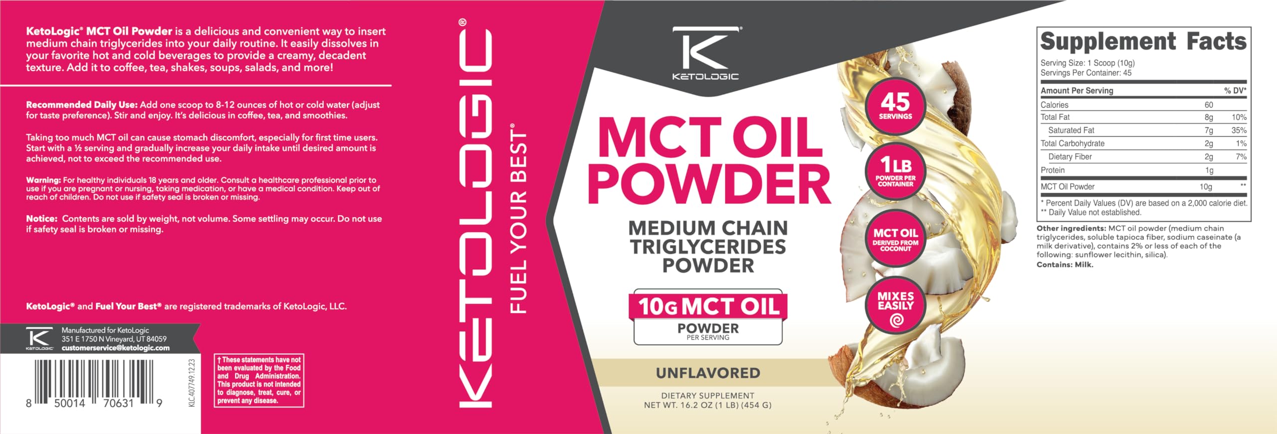 Ketologic MCT Oil Powder packaging and scoop (1 lb)