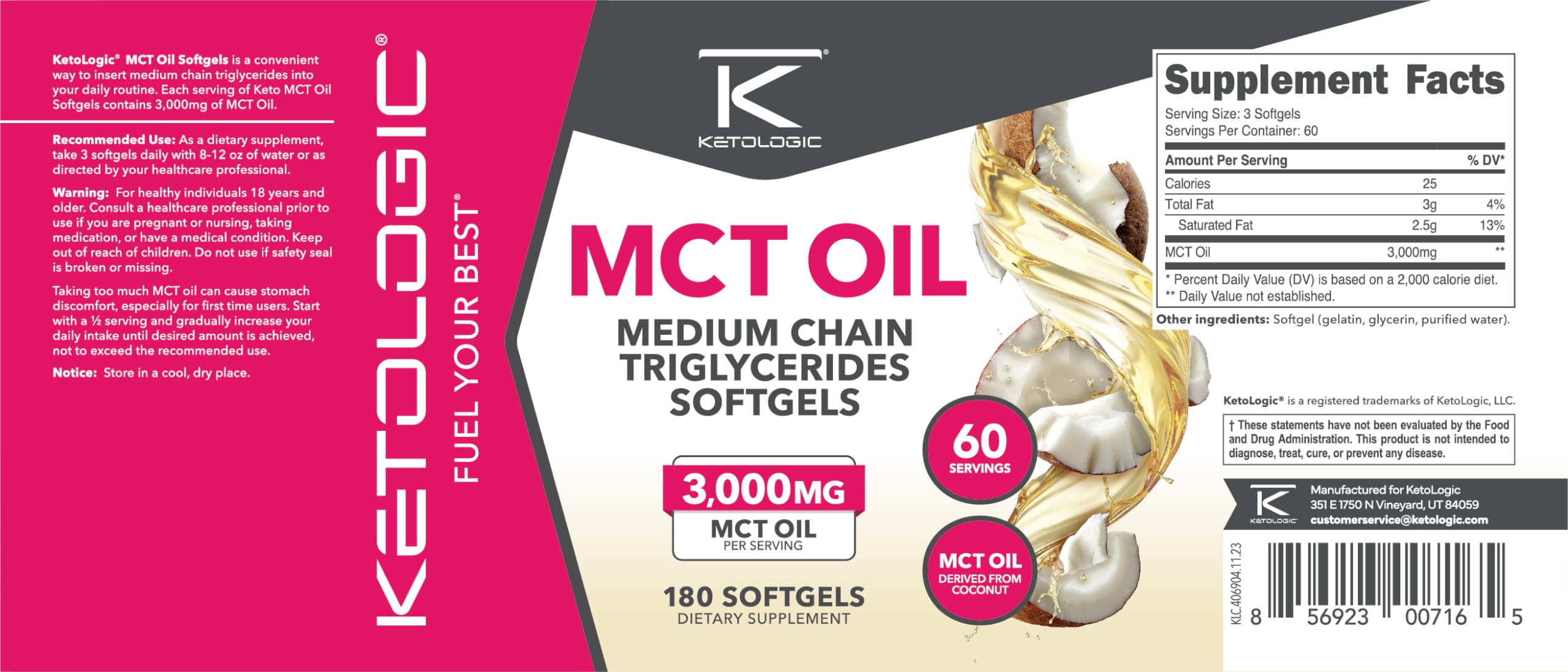 Close-up of Ketologic MCT Oil Softgels capsules inside the bottle