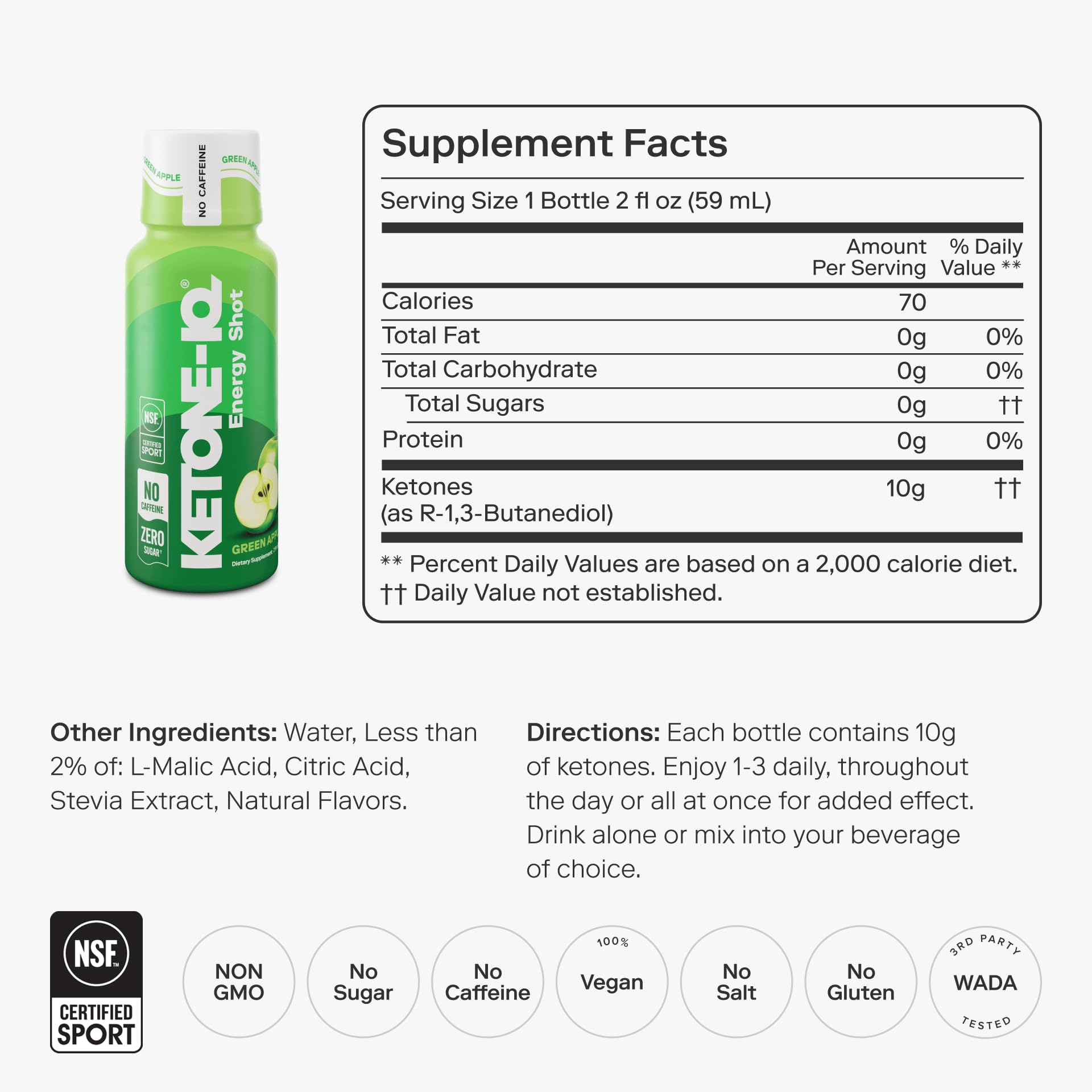 Green Apple flavor Ketone-IQ energy shot bottle on white background