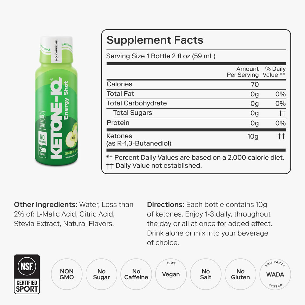 Green Apple flavor Ketone-IQ energy shot bottle on white background
