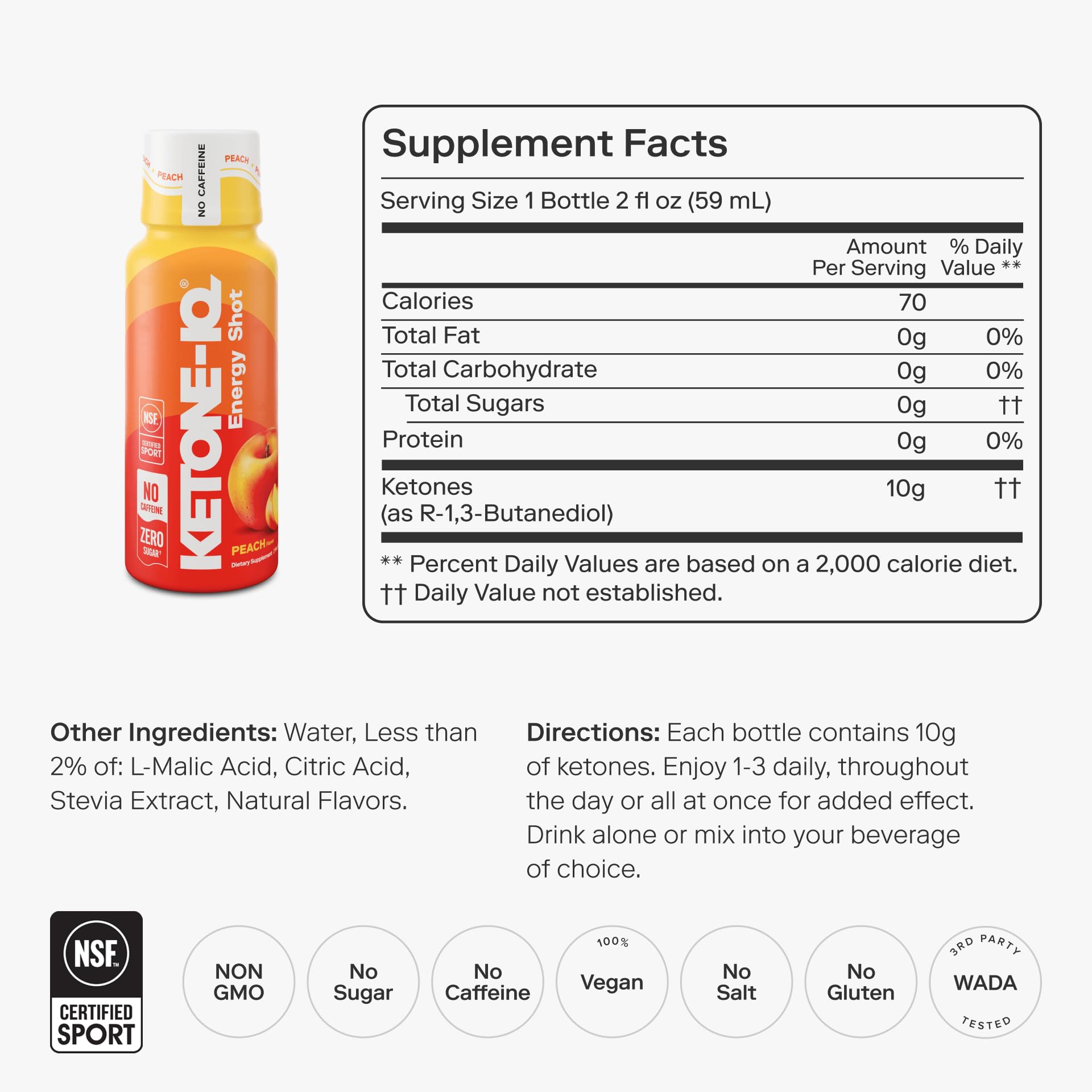 Close-up of Ketone IQ No Caffeine Peach label