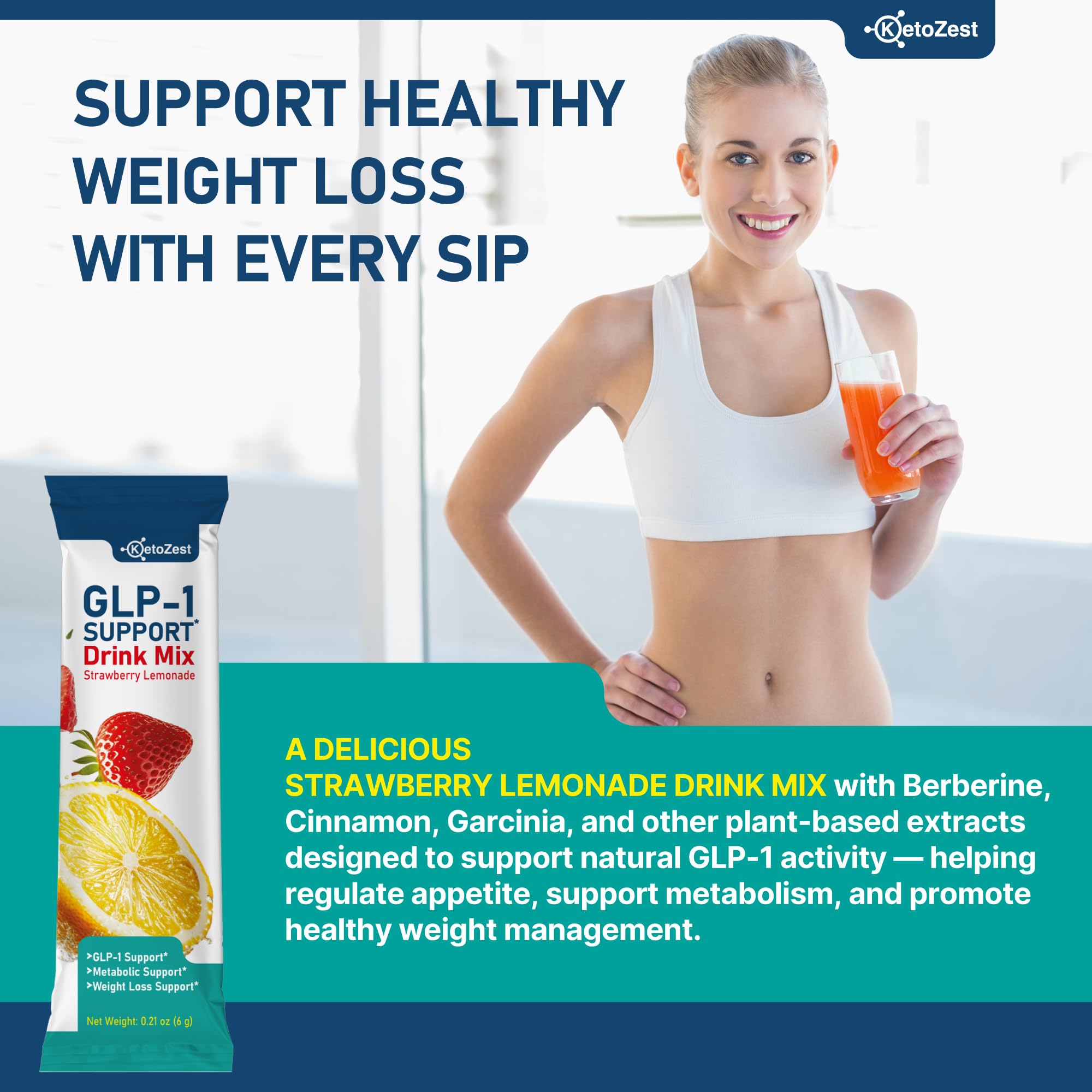 KetoZest GLP-1 Support glass of prepared drink showing easy daily energy boost.