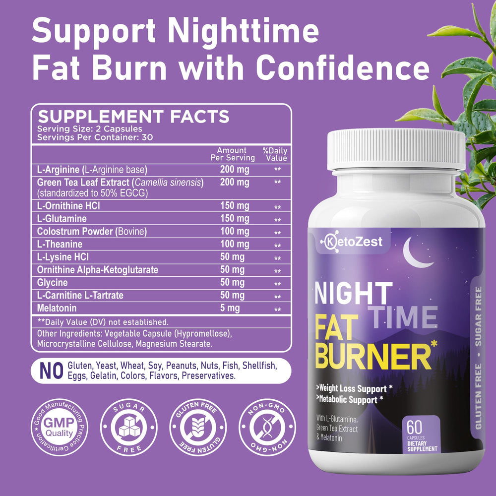 KetoZest Nighttime Fat Burner packaging and bottle with product info