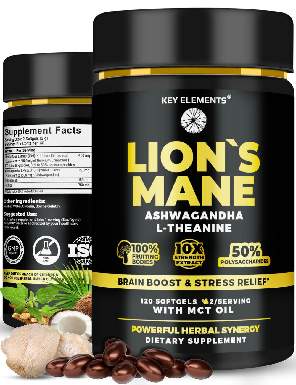 Key Elements Organic Lions Mane capsules with MCT Oil – bottle and capsules for brain support