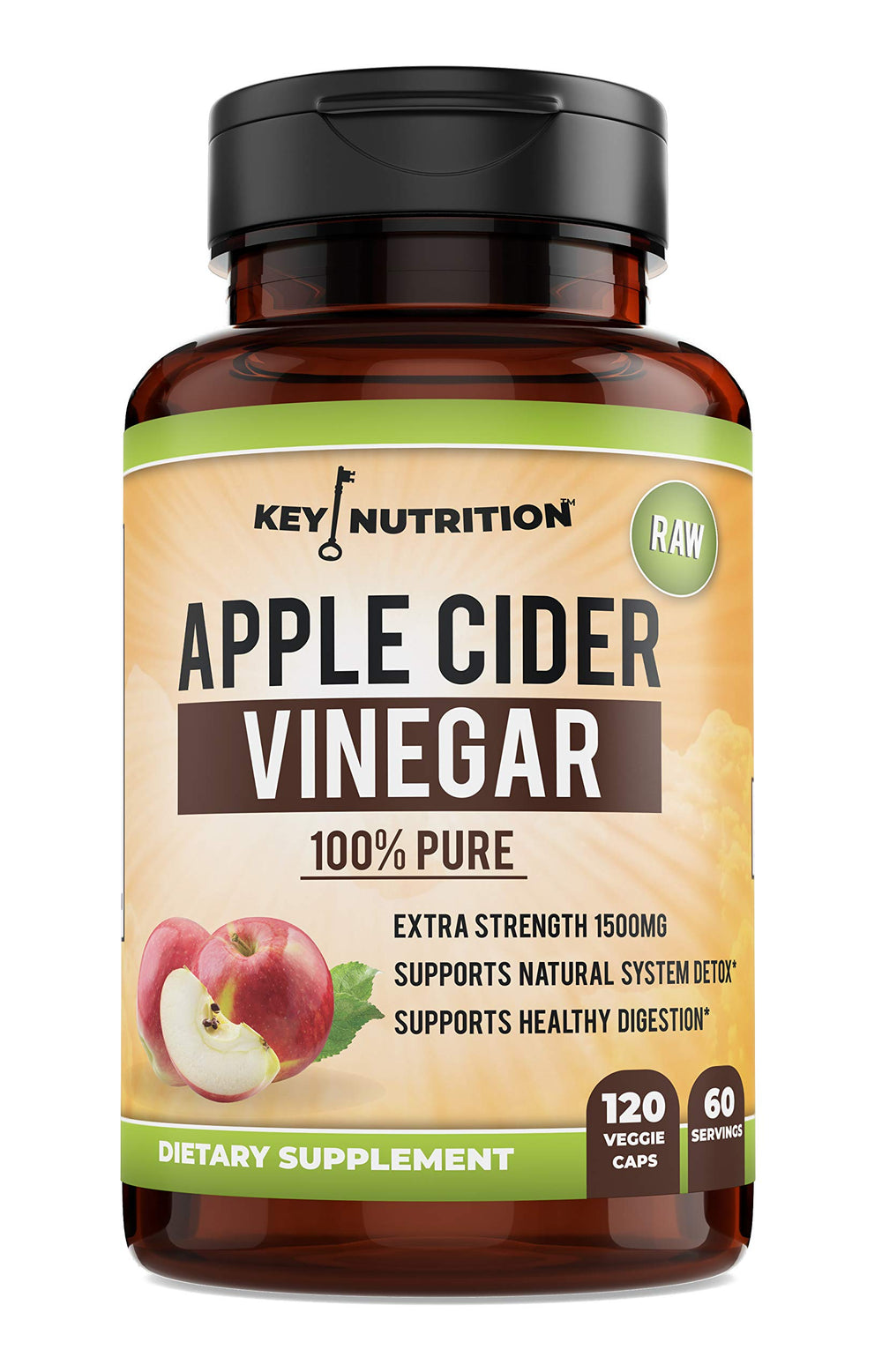 Key Nutrition Apple Cider Vinegar bottle with Mother supports digestion and detox on the go.