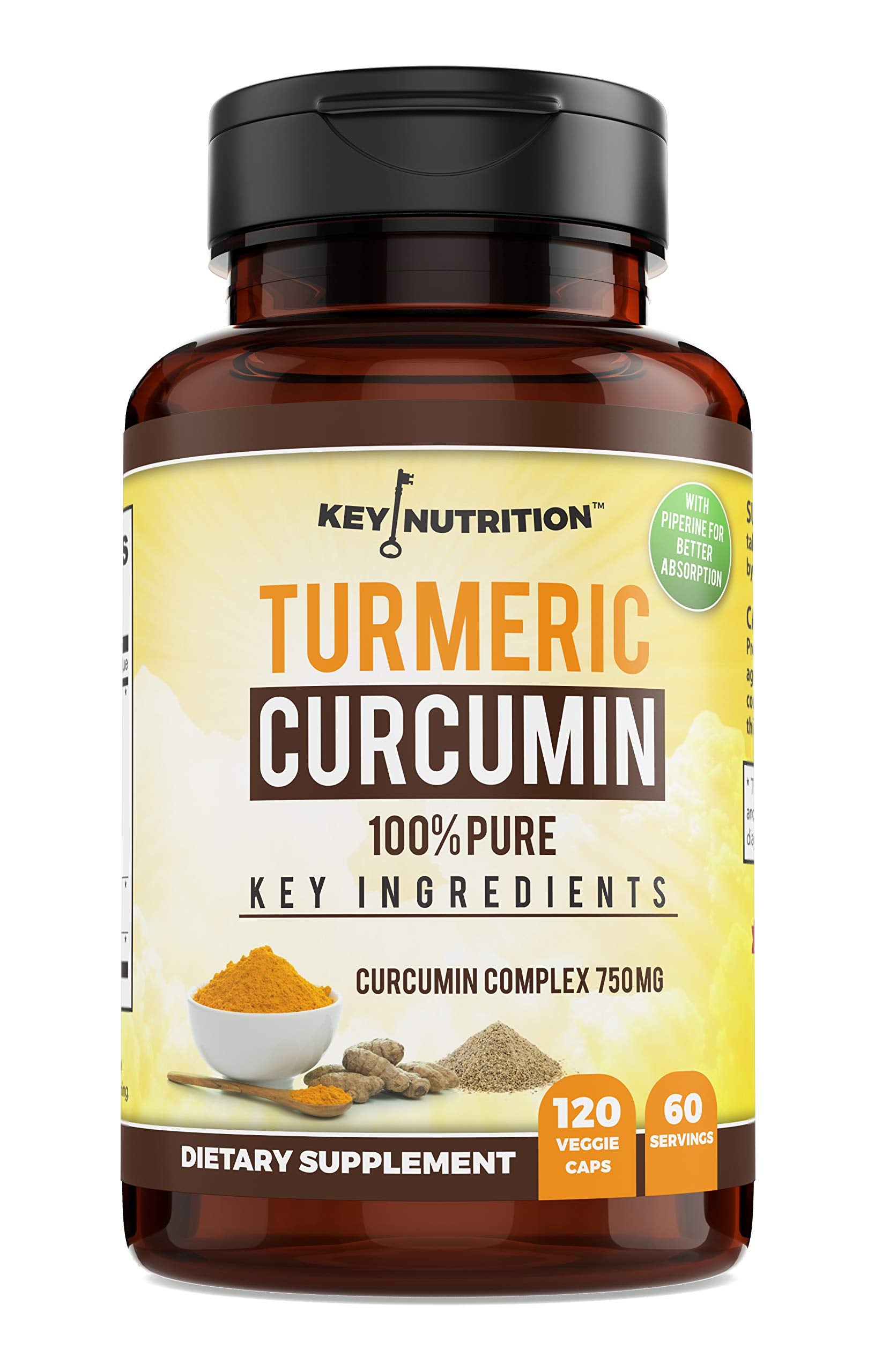 Front view of Key Nutrition Turmeric Curcumin Complex with Piperine bottle