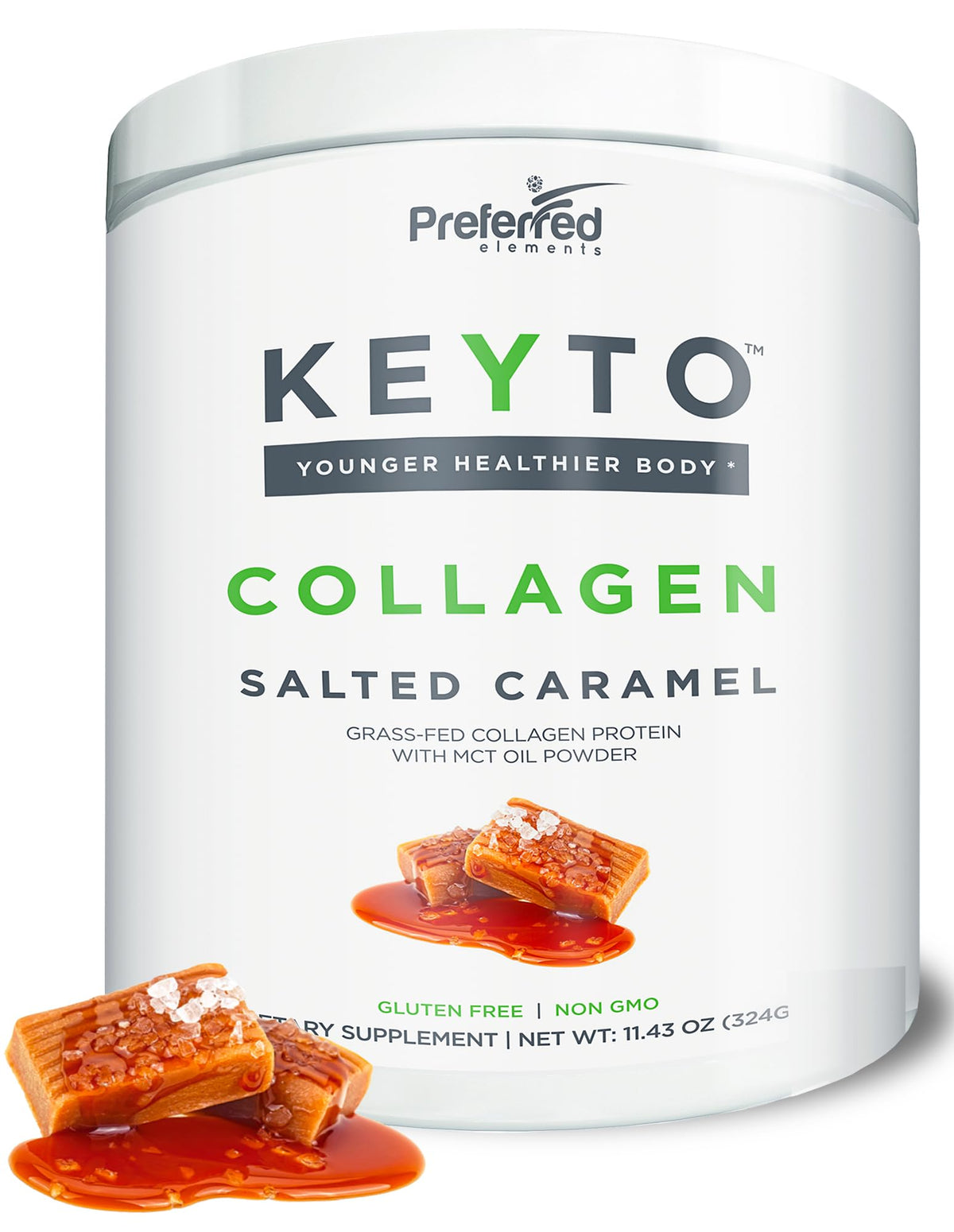 Front label of KeyTO Keto Collagen Protein Powder Salted Caramel