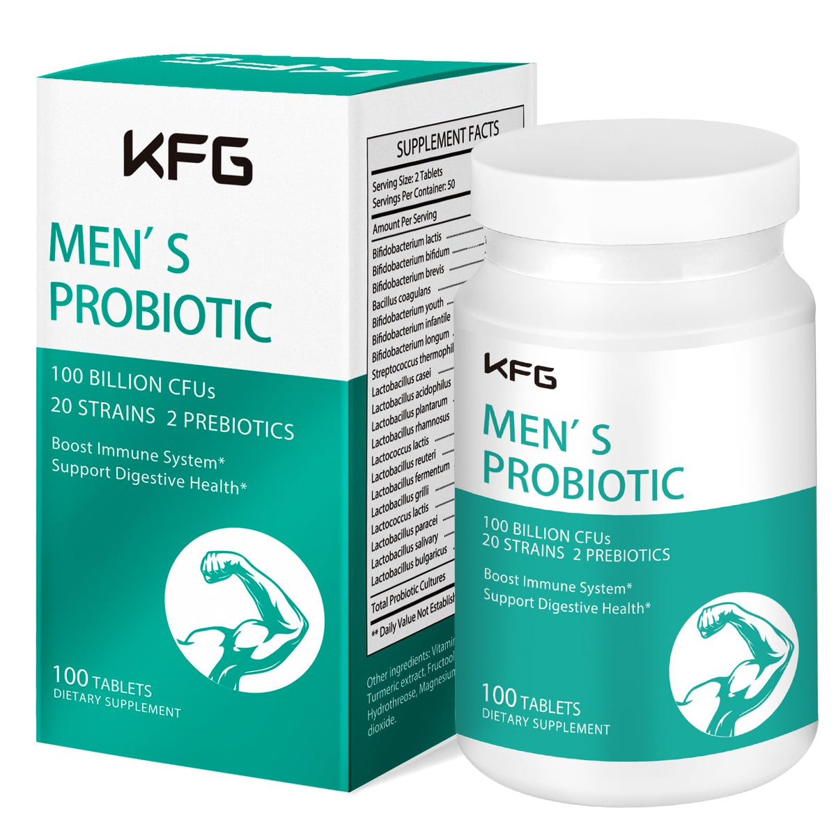 KFG Probiotic label showing 100B CFU and 20 strains