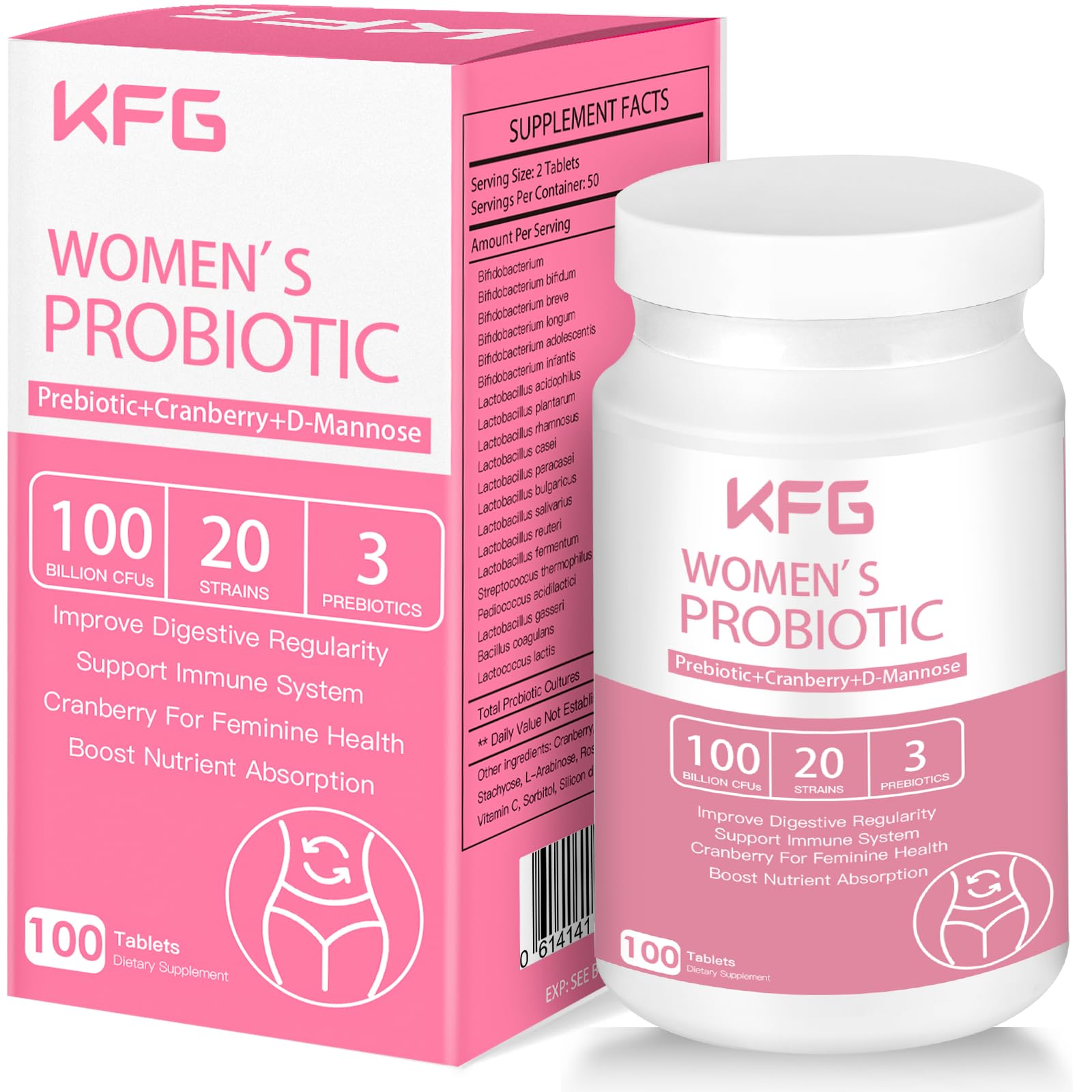 KFG Women's Probiotic bottle showing 100B CFU and 21 strains