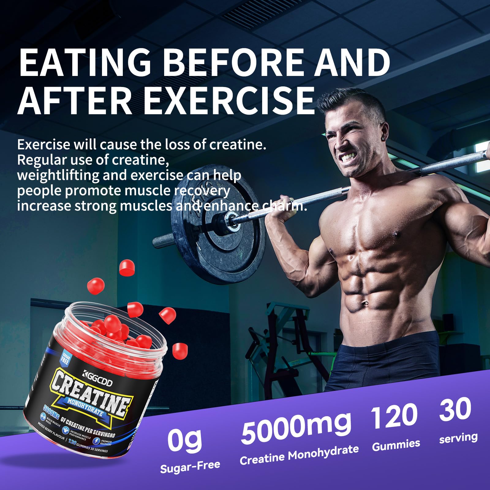 Close-up of sugar-free creatine gummies in mixed berry flavor