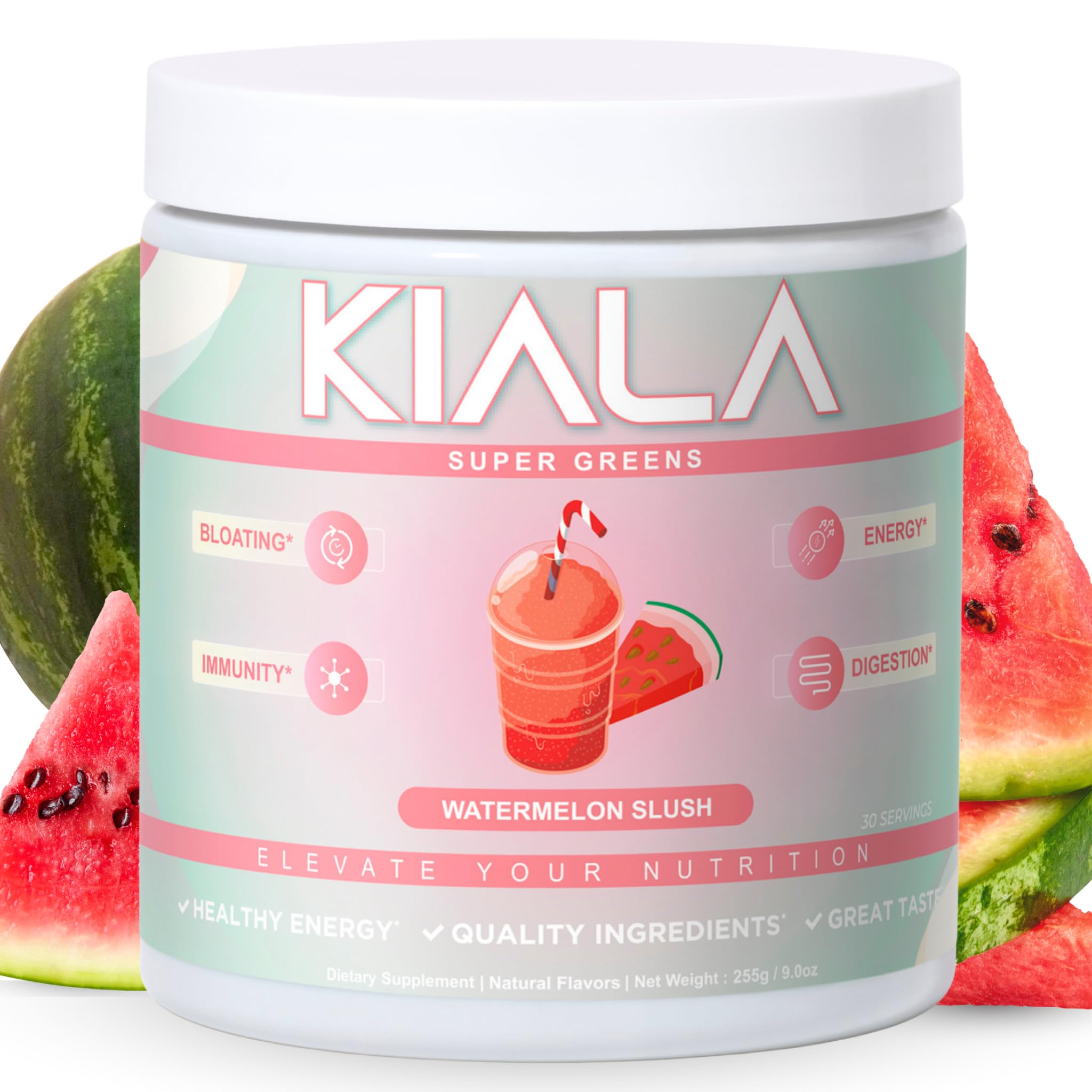 Front view of Kiala Nutrition Super Greens canister