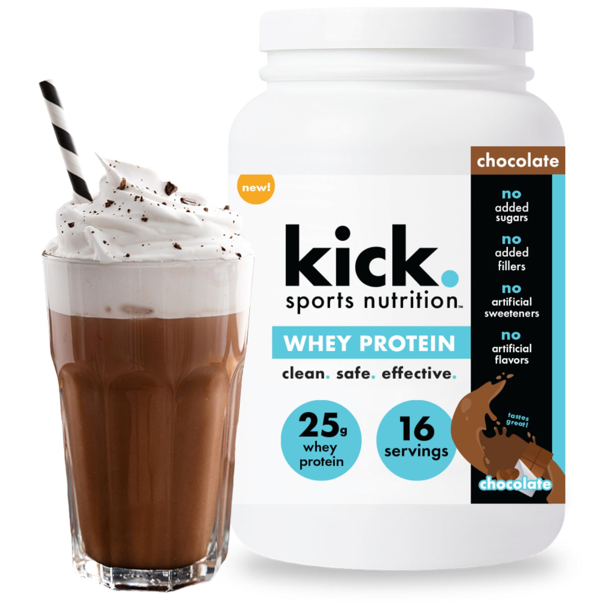 Kick Sports Nutrition Whey Protein Chocolate tub highlights 25g protein per serving.