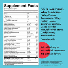 Kick Sports Nutrition Whey Protein shake in glass showcases chocolate flavor for workouts.