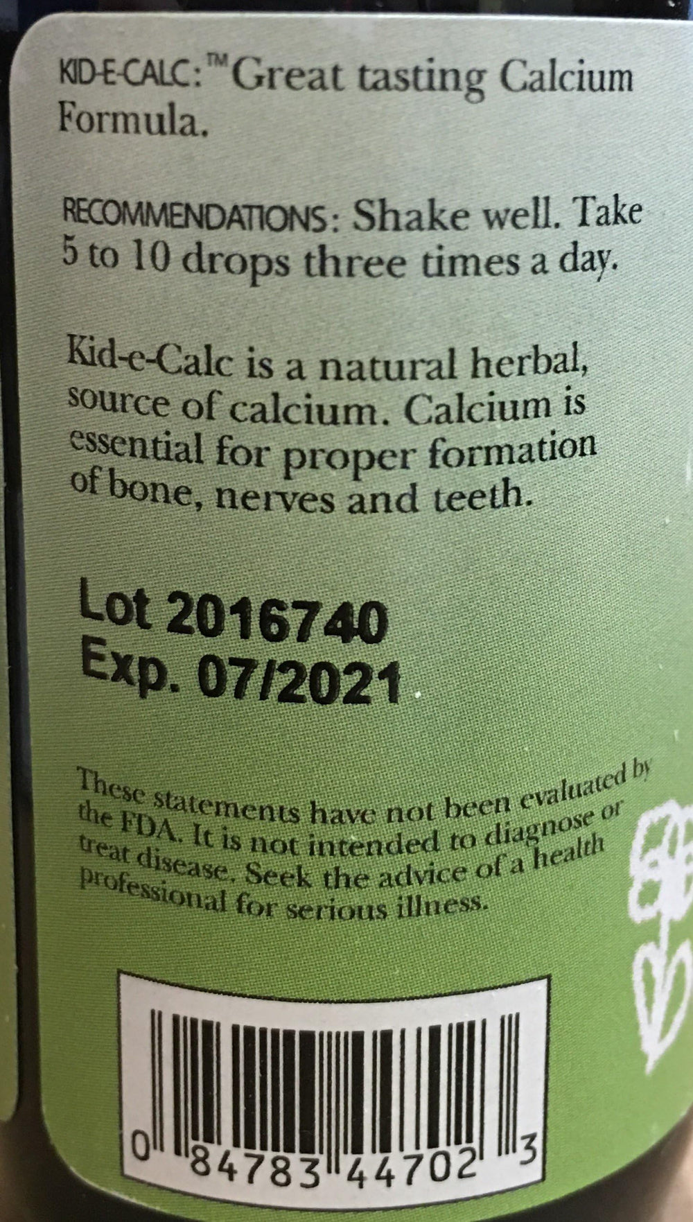Close-up of Kid-e-Calc Extract label