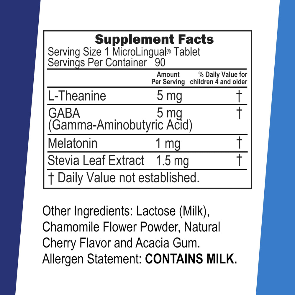 Product label showing 1 mg melatonin, 5 mg GABA, and 5 mg L-Theanine