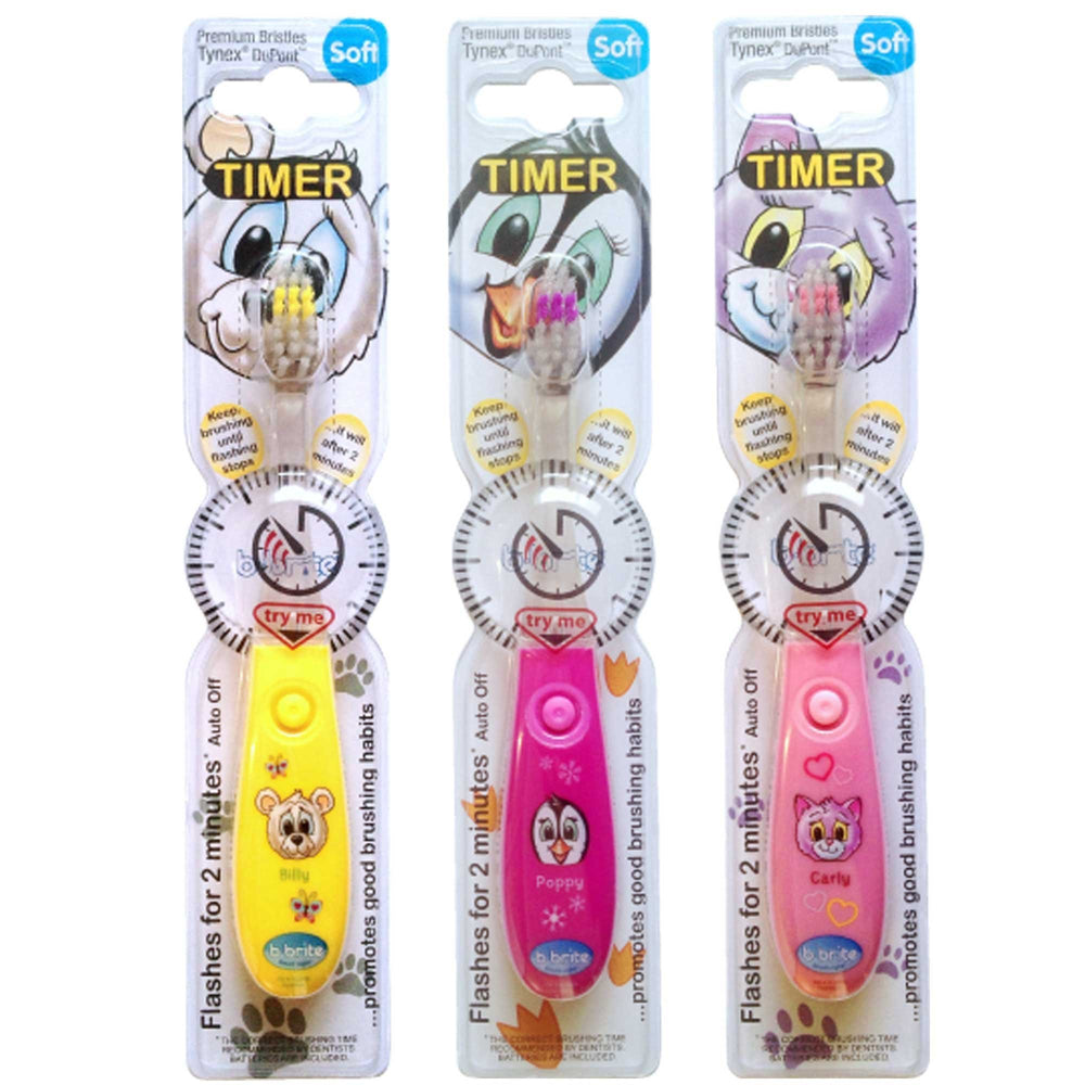 Kids toothbrush with blinking timer for girls, pink handle, 3-pack