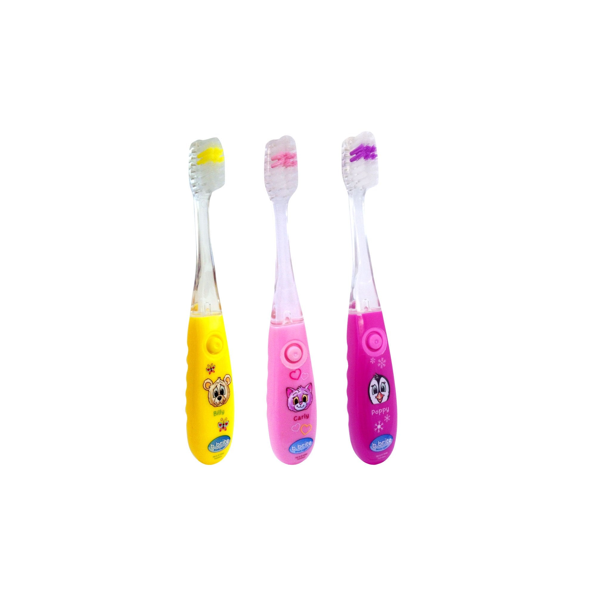 Close-up of blinking timer toothbrush for kids with 2-minute timer
