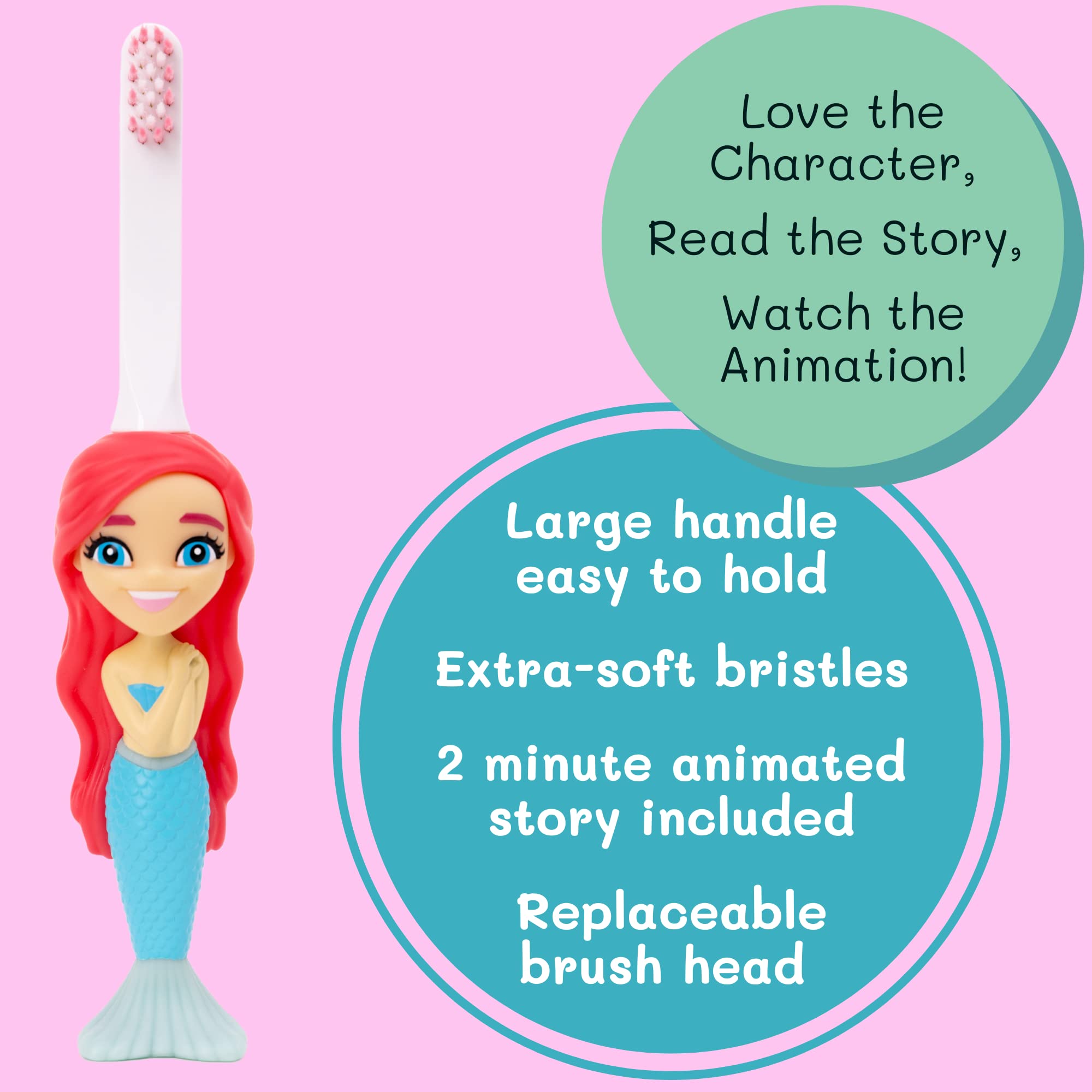 Child holding Brushy and Aqua toothbrush toys