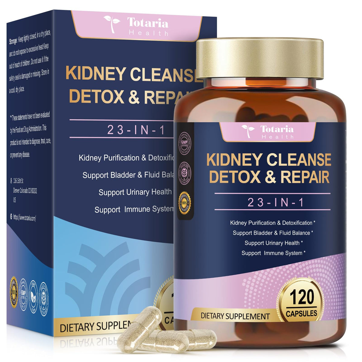 Bottle of Kidney Cleanse Detox & Repair capsules with Cranberry and Chanca Piedra ingredients