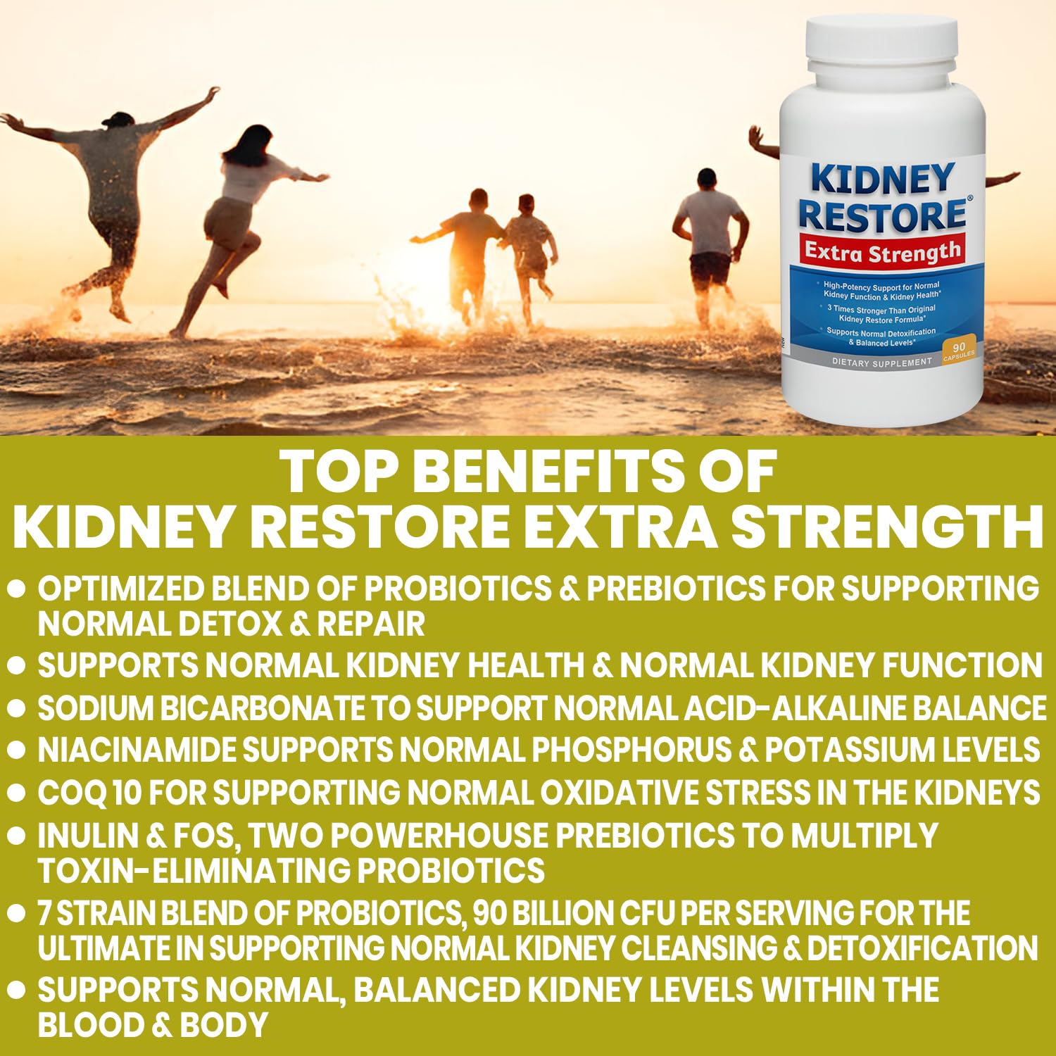 Kidney Restore CoQ10 and prebiotic fibers support cellular energy and gut health.