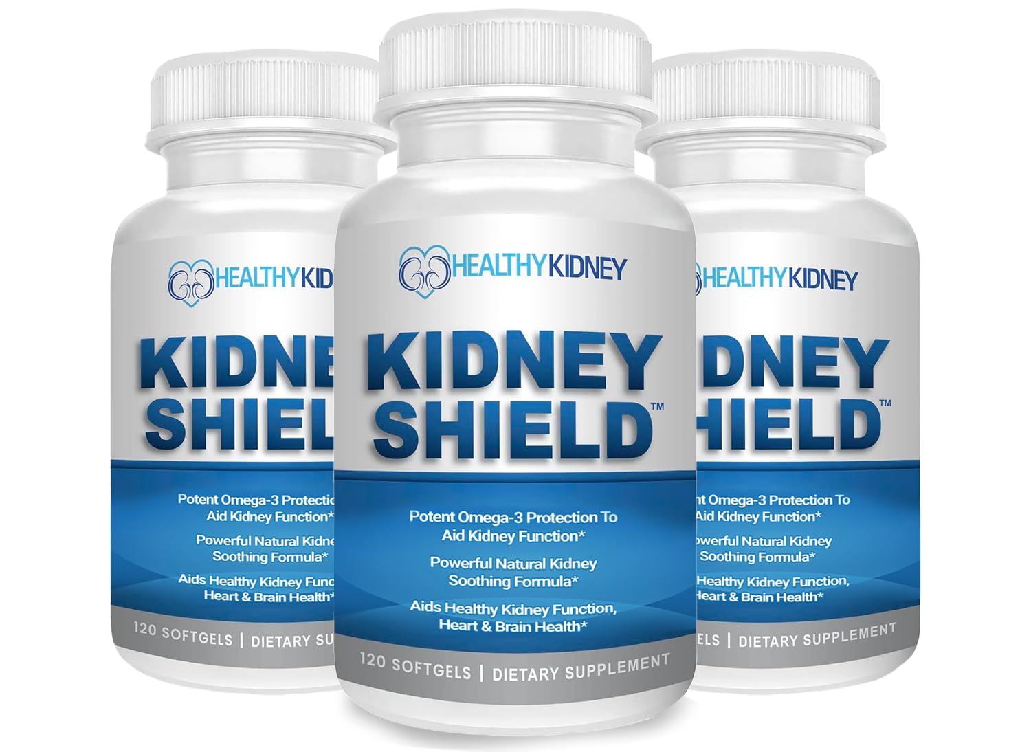 Kidney Shield bottle shows purified omega-3 for easy daily use.