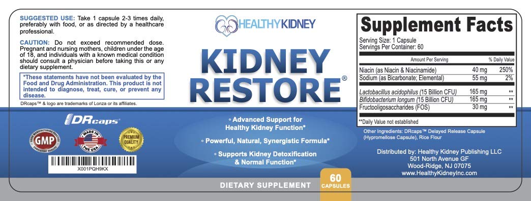 Kidney Restore probiotic support image emphasizes gut-kidney synergy for elimination.