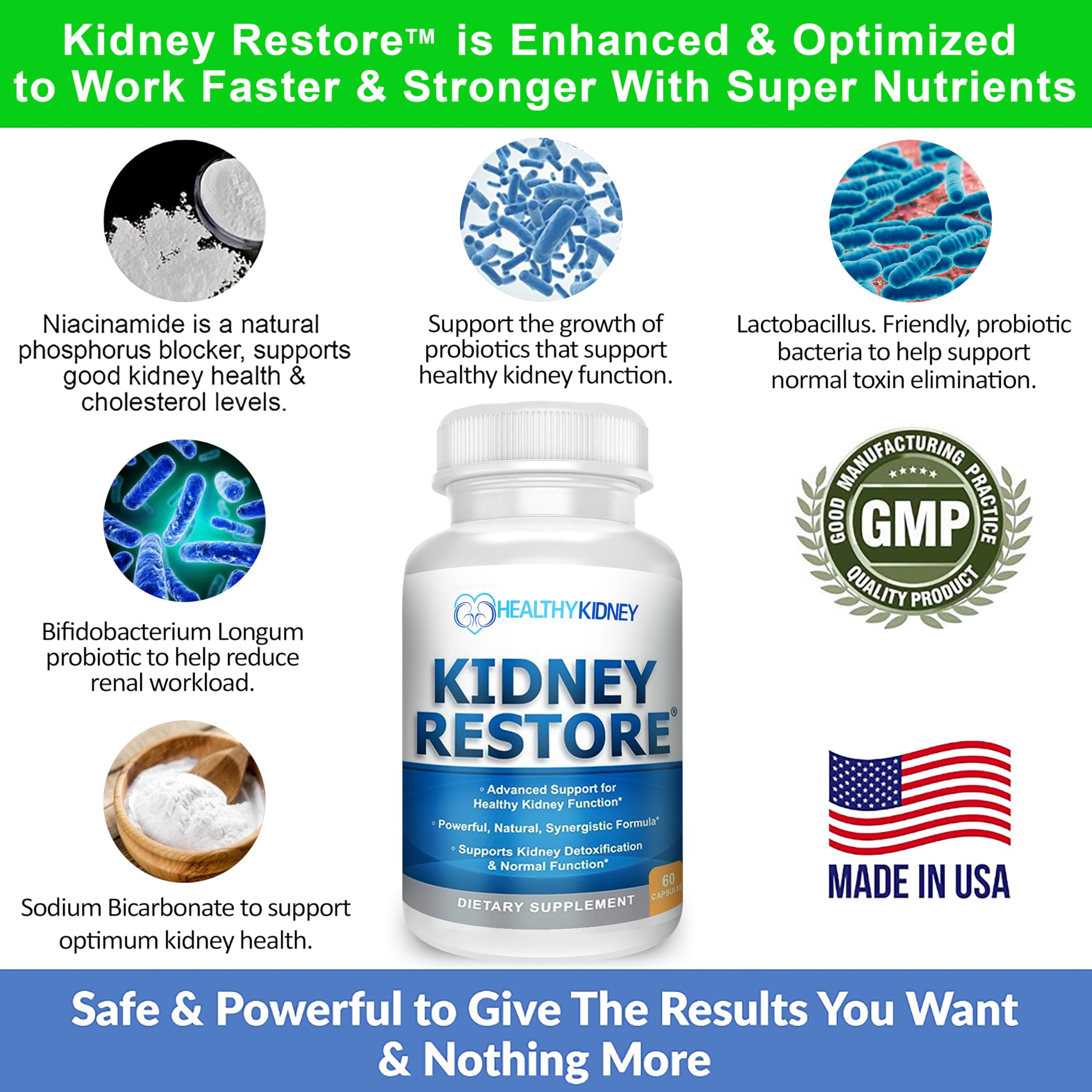 Kidney Restore probiotic support image emphasizes gut-kidney synergy for elimination.
