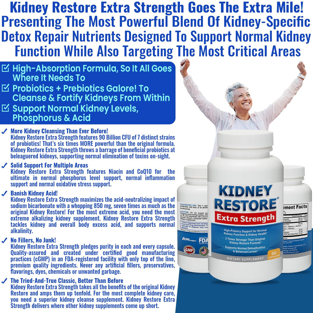 Kidney Restore sodium bicarbonate visual illustrates acid-base balance support.