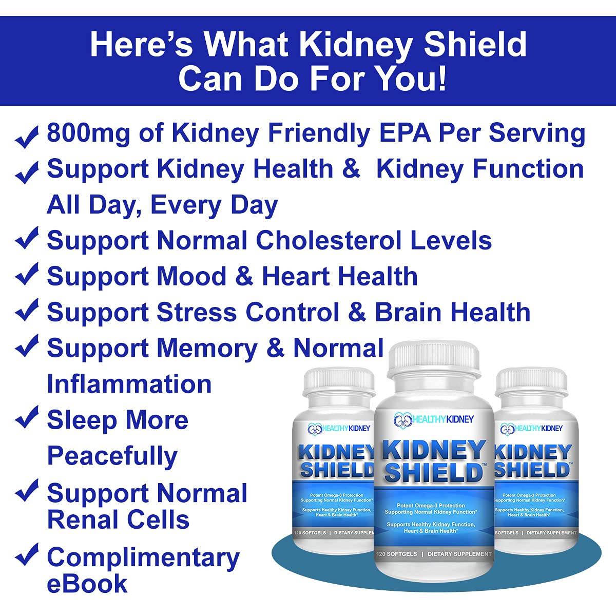 Kidney Shield bottle closeup emphasizes pure omega-3 for kidney health.