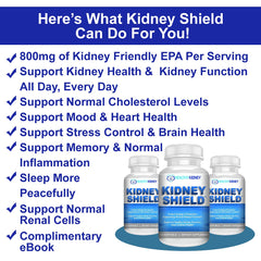 Kidney Shield bottle closeup emphasizes pure omega-3 for kidney health.