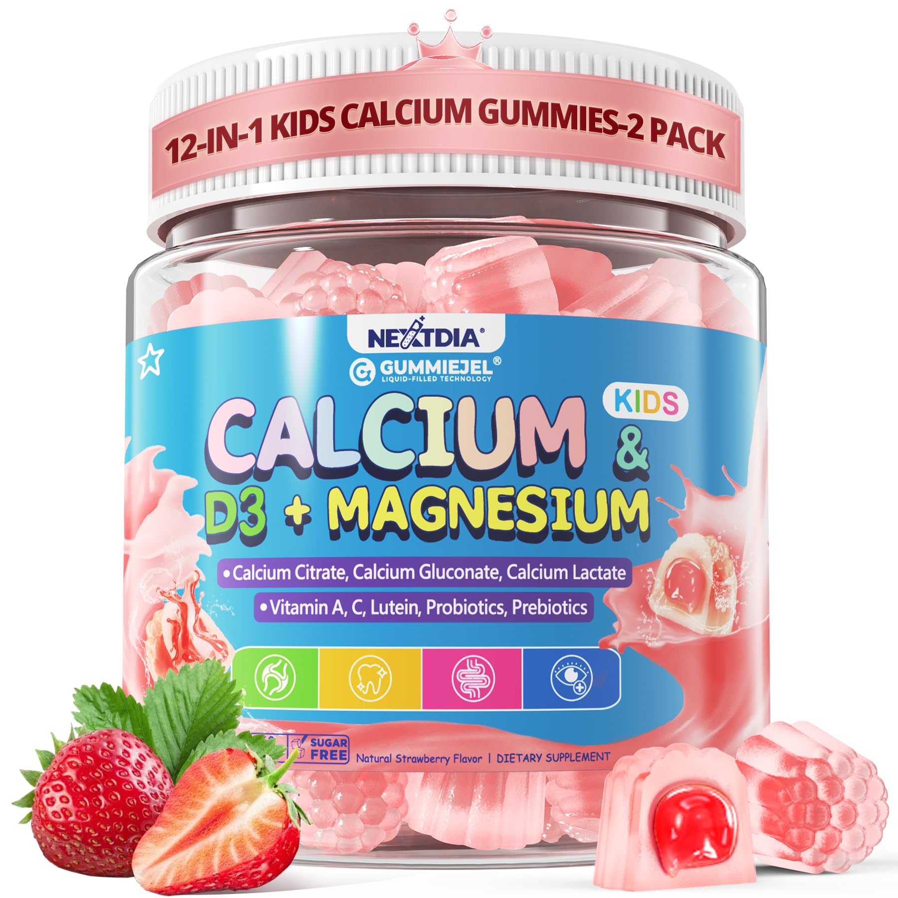 Front view of Kids Calcium Gummies bottle with D3 & Magnesium, 120 count